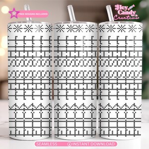 May include: Three white insulated tumblers with black cross-stitch patterns. Each tumbler has a silver lid and a clear straw. The tumblers are decorated with a repeating geometric design. The text "Hey Candy Creative" and "Free Designs Included" are visible.