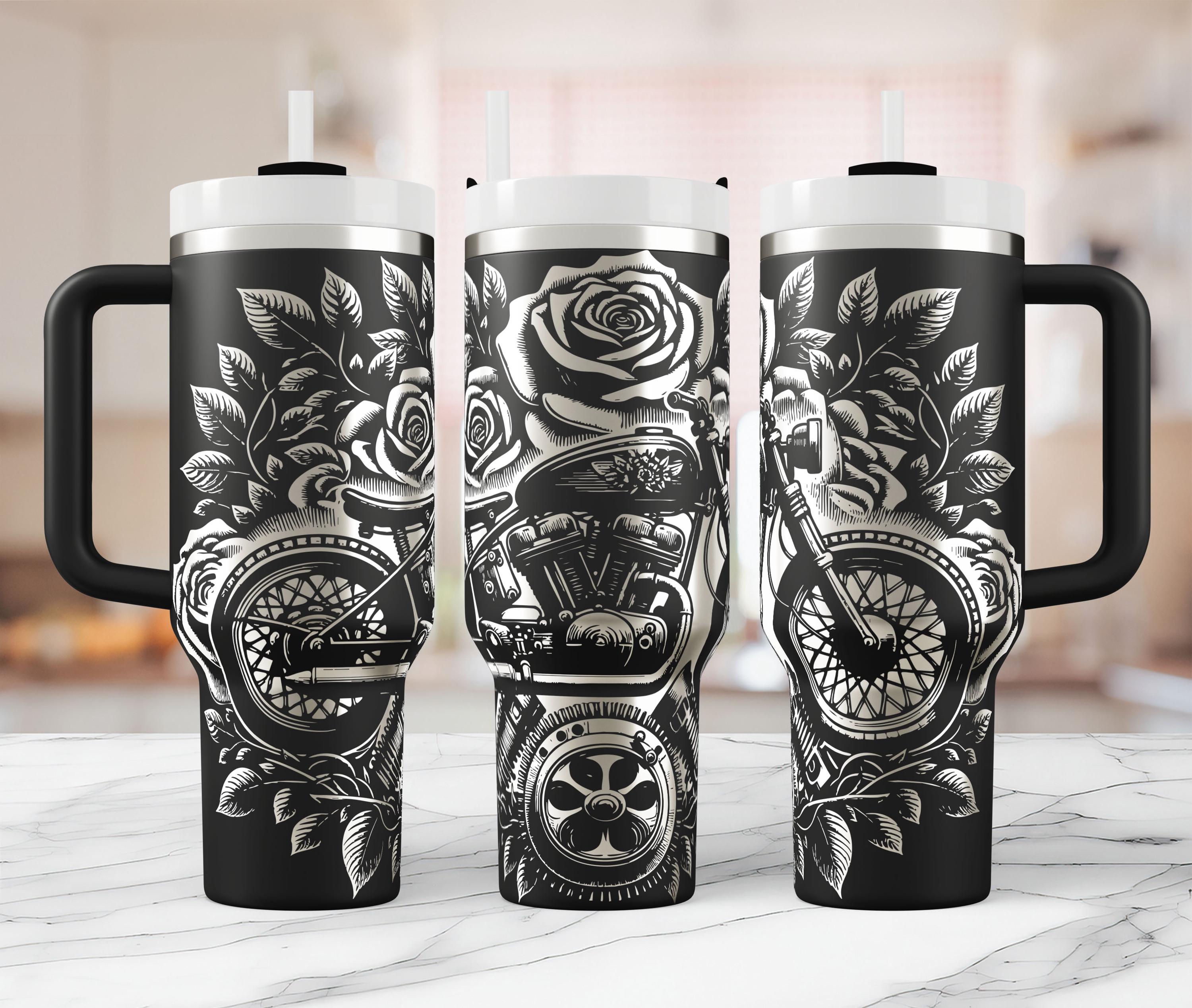 Vintage Motorbike and Roses Full Wrap Laser design for 40oz Tumbler, Motorcycle Lover Biker Seamless Laser Rotary Engraving Design