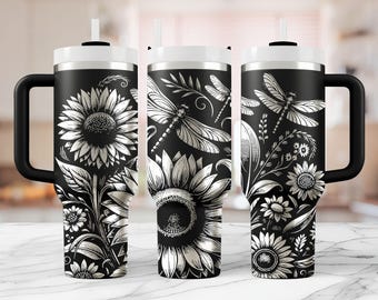 Floral Dragonfly Tumbler Laser SVG: Sunflower Engraving Design (Digital Download)