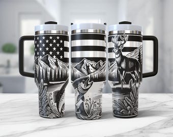 40oz Tumbler Wrap Laser Hunting svg, Deer and Trout Fishing and Hunting USA Flag Seamless Design, Full Engraving Rotary Cup Instant Download