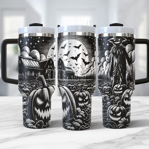 Läskig Halloween laser 40oz Tumbler svg, fågelskrämma och pumpor graverad tumbler sömlös laserdesign, 40oz roterande kopp direktnedladdning