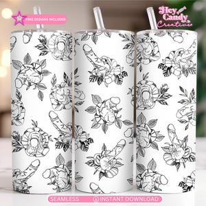 May include: A set of three white sublimation tumblers with a black and white floral pattern. The pattern features stylized flowers and leaves with a repeated design. The tumblers are ready for sublimation.