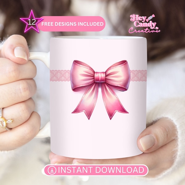 Coquette Pink Bow Mug Wrap PNG | 11oz 15oz Design for Instant Digital Download | Soft Girl Era Balletcore sublimation mug design