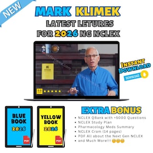 Könnte beinhalten: Werbebild für Mark Klimeks 2026 NG NCLEX-Vorlesungen. Das Bild zeigt einen Laptop mit einem Mann in blauem Hemd, zwei Tablets mit der Aufschrift "Blue Book 2026" und "Yellow Book 2026" sowie eine Liste zusätzlicher Boni, einschließlich NCLEX QBank und Studienpläne.