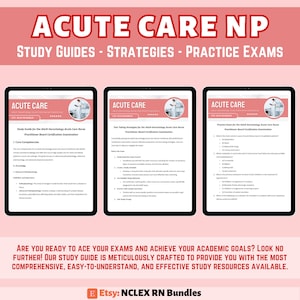 Op de afbeelding: Drie digitale studiegidsen voor acute zorgverleners. De gidsen zijn getiteld "Acute zorg" en elke gids heeft een andere focus: Studiegids, Teststrategieën en Oefenexamen. De gidsen zijn ontworpen om verpleegkundigen te helpen zich voor te bereiden op het examen voor de certificering van de raad voor acute zorg voor volwassenen en geriatrie. De gidsen zijn verkrijgbaar op Etsy.