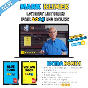 Mark Klimek Najnowsze wykłady WIDEO dla Next Gen NCLEX 2025 - Nowa niebiesko-żółta książka PDF + UWorld i Archer
