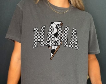 Retro Checkered Soccer Mom Boxy Tee, Mother's Day Gift, Soccer Lighting Bolt Cropped Shirt, Soccer Game Day Shirt, Oversized Soccer Mom Tee