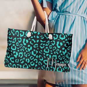 Personalized Leopard Print Weekender Tote Bag, Monogramed Travel Bag, Custom Name Cheetah X-Large Beach Bag, Boho Leopard Mothers Day Gift