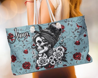 Gothic Skeleton Weekender Tote Bag, Large Beach Tote, Gothic Rose Tote, Gift for Mom, Bachelorette Gift Bag, Skull and Roses Travel Bag
