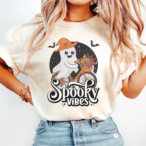 Cute Ghost Spooky Vibes Halloween Shirt, Fall Vibes Ghost Bicycle Womens Comfort Colors T-Shirt, Spooky Season, Halloween Ghost Tee