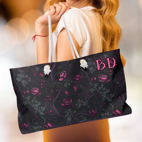 Personalized Gothic Rose Weekender Tote Bag, Monogramed Travel Bag, Custom Name Floral Goth X-Large Beach Bag, Dark Rose Boat Bag