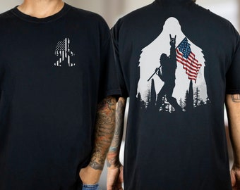 MAGA Sasquatch American Flag Shirt, Unisex Big Foot 4th of July Shirt Trump 2024 Racerback Tank Vintage Squatch Patriotic Comfort Colors Tee