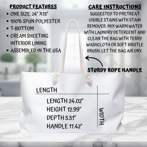 May include: White canvas tote bag with a sturdy rope handle. The bag measures 24.02 inches in length, 12.99 inches in height, 5.51 inches in depth, and the handle is 11.42 inches long. The bag is made of 100% spun polyester and has a cream sheeting interior lining. The bag is assembled in the USA.