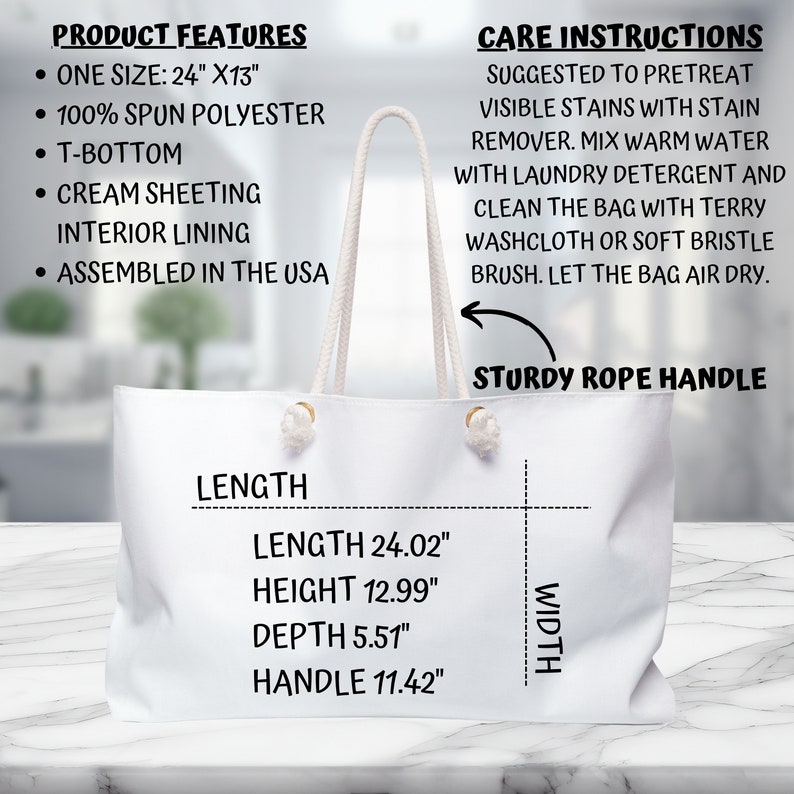 May include: White canvas tote bag with a sturdy rope handle. The bag measures 24.02 inches in length, 12.99 inches in height, 5.51 inches in depth, and the handle is 11.42 inches long. The bag is made of 100% spun polyester and has a cream sheeting interior lining. The bag is assembled in the USA.