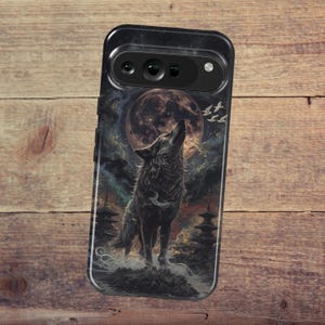 May include: A black smartphone case featuring a detailed graphic of a wolf howling at a large, full moon. The scene includes silhouettes of traditional Japanese-style pagodas, swirling mist, and a few birds flying against a dark, starry sky.
