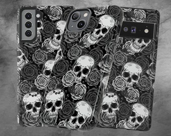 Gothic Skull & Roses Phone Case, Valentines Phone Case, Goth Skull Phone Case, Black and White Roses iPhone Samsung and Google Phone Case