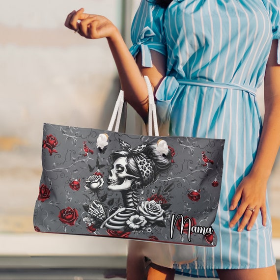 Gothic Skeleton Weekender Tote Bag, Large Beach Tote, Gothic Rose Boat Bag, Gift for Mom, Bachelorette Gift Bag, Skull and Roses Travel Bag
