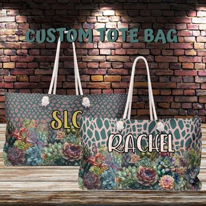 May include: Two custom tote bags with a pink and green succulent pattern. One bag says "SLC" and the other says "Rachel".