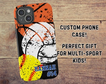 Custom Name Sports Phone Case, Personalized Name & Number Multi-Sports Gift, Personalized Teen Gift, iPhone 16, Galaxy S25, Google Pixel 9