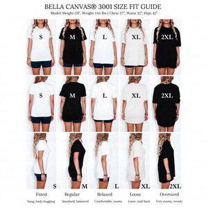 May include: A Bella Canvas 3001 size fit guide chart displaying t-shirts in sizes S, M, L, XL, and 2XL. The grid shows front, back, and side views of white and black t-shirts on a model with height 5'8, weight 145 lbs, chest 37, waist 32, and hips 42.