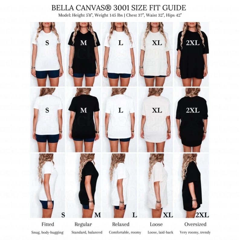 May include: A Bella Canvas 3001 size fit guide chart displaying t-shirts in sizes S, M, L, XL, and 2XL. The grid shows front, back, and side views of white and black t-shirts on a model with height 5'8, weight 145 lbs, chest 37, waist 32, and hips 42.
