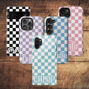 Retro Checkerboard Custom Name Phone Case, Personalized Gift, Vintage 80s 90s iPhone 17 Samsung S26 Galaxy Note Google Pixel 10 Case