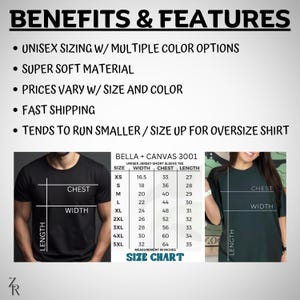 Puede incluir: Tabla de tallas para una camiseta de manga corta de jersey unisex Bella + Canvas 3001. La tabla muestra las medidas en pulgadas para el ancho del pecho, el pecho y la longitud para las tallas XS a 5XL.