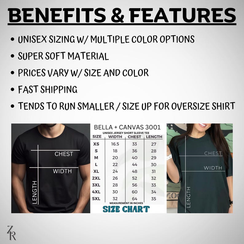 Puede incluir: Tabla de tallas para una camiseta de manga corta de jersey unisex Bella + Canvas 3001. La tabla muestra las medidas en pulgadas para el ancho del pecho, el pecho y la longitud para las tallas XS a 5XL.