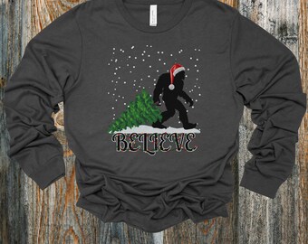 Funny Christmas Long Sleeve T-Shirt, Sasquatch Santa Long Sleeve Jersey Shirt, Funny Sasquatch Christmas Shirt, Believe Big Foot Shirt