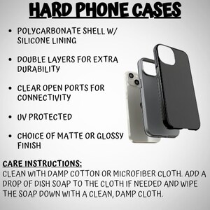 May include: Two hard phone cases, one black and one gray, with a clear open port for connectivity. The cases are made of polycarbonate with a silicone lining and are UV protected. The text "HARD PHONE CASES" is at the top of the image. The text "CARE INSTRUCTIONS" is at the bottom of the image. The text below "CARE INSTRUCTIONS" reads "CLEAN WITH DAMP COTTON OR MICROFIBER CLOTH. ADD A DROP OF DISH SOAP TO THE CLOTH IF NEEDED AND WIPE THE SOAP DOWN WITH A CLEAN, DAMP CLOTH."