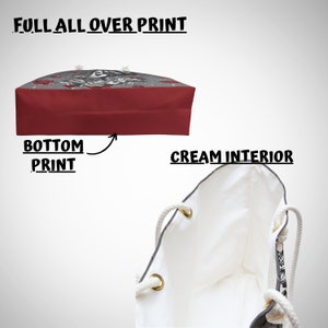 May include: A large tote bag with a full print design. The bag has a red bottom and a cream interior. The bag has two rope handles.
