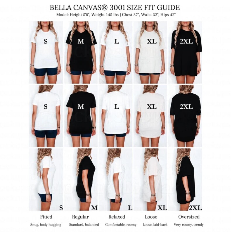 May include: A Bella Canvas 3001 size fit guide chart displaying t-shirts in sizes S, M, L, XL, and 2XL. The grid shows front, back, and side views of white and black t-shirts on a model with height 5'8, weight 145 lbs, chest 37, waist 32, and hips 42.