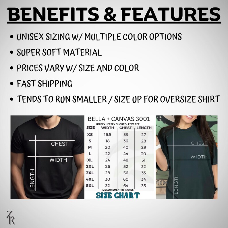 May include: A Bella + Canvas 3001 unisex jersey short sleeve tee size chart with a list of benefits and features. The chart displays width, chest, and length measurements in inches for sizes XS through 5XL, alongside two images of t-shirts.