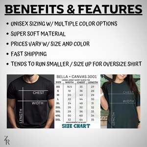 May include: A Bella + Canvas 3001 unisex jersey short sleeve tee size chart with a list of benefits and features. The chart displays width, chest, and length measurements in inches for sizes XS through 5XL, alongside two images of t-shirts.