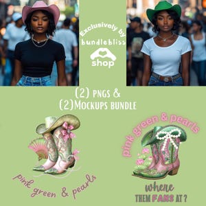 Pink Green Pearls Cowgirl PNG Bundle: Western Mockups (300dpi)