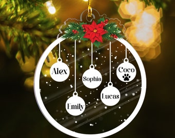 Family and Pet Ornament Personalized, Christmas Ornament with Pet & People Name,Christmas Gift, Family Ornament Set,People and Paw Print