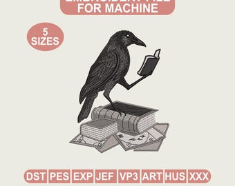 Raven Reading Book Embroidery File, Gothic Scholar Bird Design (Digital Download)
