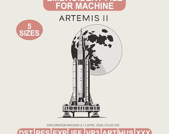 Disegno per ricamo Artemis II, file per ricamo del razzo lunare, schema per ricamo di missione spaziale, disegno per ricamo del lancio del razzo, allunaggio