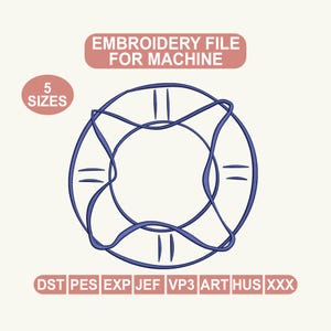 May include: An embroidery file for machine use, featuring a blue abstract design within a circle. The image includes the text "EMBROIDERY FILE FOR MACHINE" and "5 SIZES". Below the design are file type abbreviations.