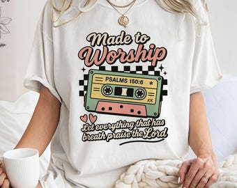 Camiseta "Hecho para Adorar", camiseta unisex de tendencia, regalo único, sudadera con versículo bíblico cristiano del Salmo 150, sudadera con capucha "Cassette Tape Faith"