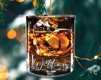 Whiskey Glass Acrylic Ornament, Holiday Scotch Glass Gift, Tennesse Whiskey Ornament, Bourbon Christmas 2D Flat Ornament, Whishkey Lovers