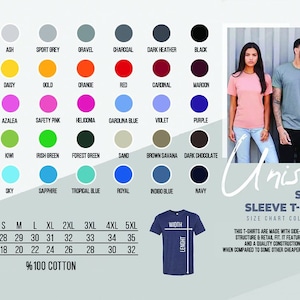 K&ouml;nnte beinhalten: Farbtabelle f&uuml;r Unisex-T-Shirts mit kurzen &Auml;rmeln, mit einer Vielzahl von Farben und Gr&ouml;&szlig;en. Die Tabelle enth&auml;lt eine Gr&ouml;&szlig;entabelle mit Ma&szlig;en in Zentimetern und eine Beschreibung der Eigenschaften des Shirts.
