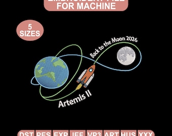 Disegno per ricamo Artemis II Ritorno alla Luna 2026, File per ricamo orbita del razzo, Modello per ricamo spazio Terra Luna, Ricamo viaggio spaziale