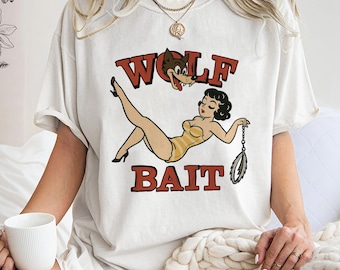Maglietta Wolf Bait, maglietta unisex di tendenza, regalo maglietta unico, felpa retrò con lupo e ragazza, felpa con cappuccio Wolf Bait divertente