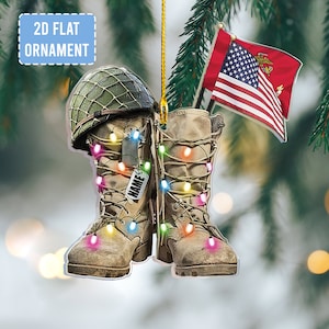 Personalized Marine Military Boots Ornament, Acrylic 2D Ornament, Marine Military Gift, Veteran Gold Boots Ornament, Marine US Gift