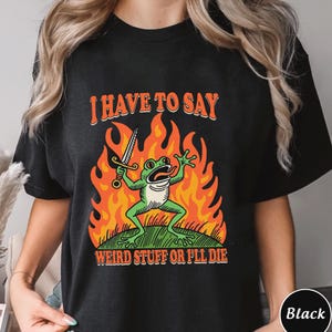 May include: Black t-shirt with a graphic of a green frog holding a sword in front of flames. The text "I HAVE TO SAY" is above the frog, and "WEIRD STUFF OR I'LL DIE" is below.
