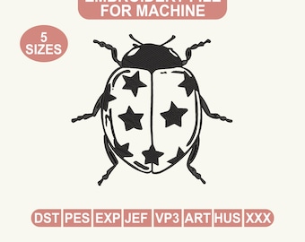 May include: An embroidery file for machine use featuring a black and white ladybug design with star accents. The image includes the text "Embroidery File For Machine" and "5 Sizes". Below the ladybug are file type abbreviations.