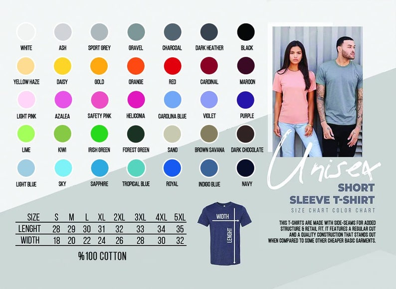 May include: A color and size chart for a unisex short sleeve t-shirt. It displays 35 circular color swatches with names, a size chart with length and width measurements in inches, and a diagram of a t-shirt showing where to measure for fit.