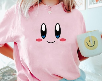 Camiseta rosa con la cara de Kirby, sudadera minimalista para gamers, sudadera con capucha inspirada en el anime kawaii, estética retro de videojuegos, regalo cómodo e informal para gamers.