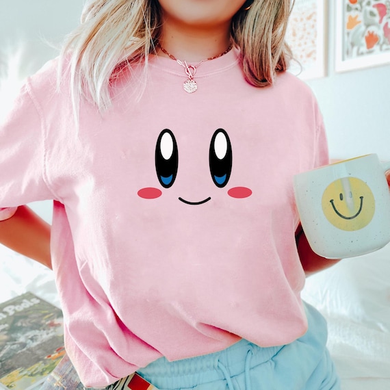 Cute Pink Kirby Face Tee, Minimalist Gamer Sweatshirt,Kawaii Anime Inspired Hoodie, Retro Gaming Aesthetic, Cozy Casual Gift For Gamers